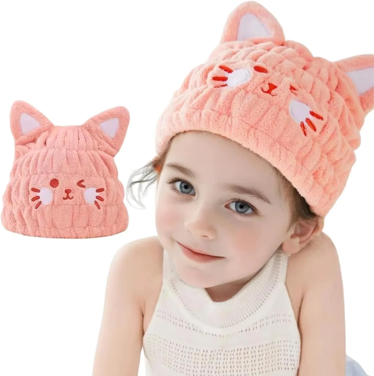 Microfiber Hair Towel Wrap for Kids, Pink Cat Dry Hair Cap Suck Water Towel