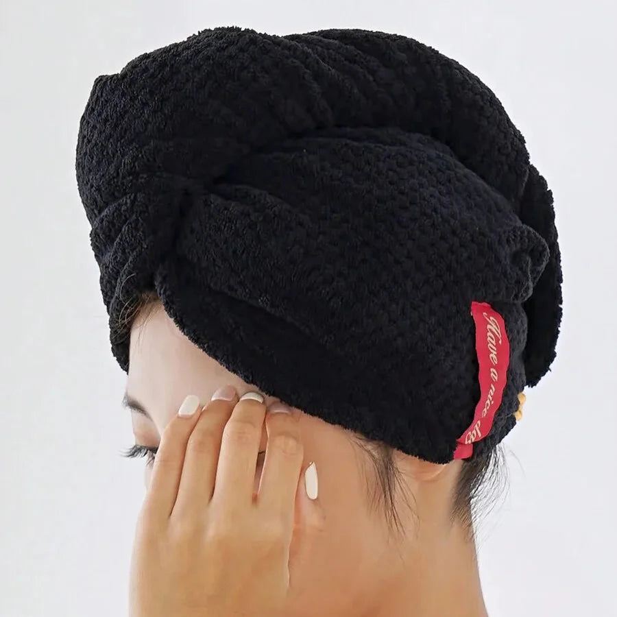 Black Microfiber Hair Drying Turban Cap for Women - Soft Absorbent Towel