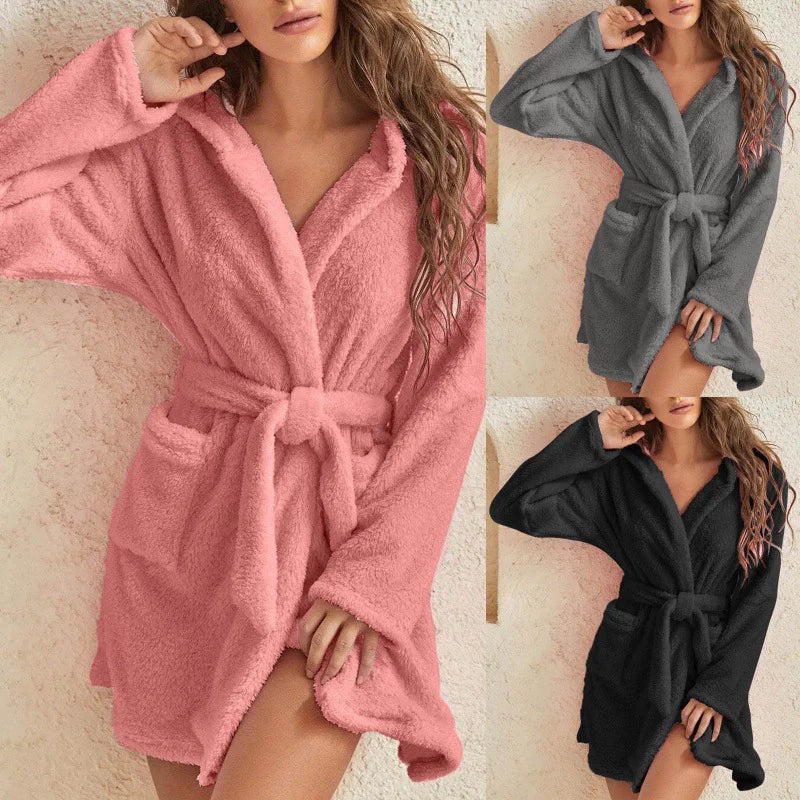 Autumn Winter Women Sexy Bath Robe Fluffy Plush Pyjamas Ladies Hooded
