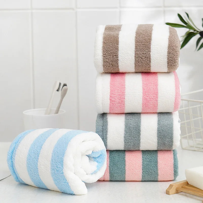 Microfiber Coral Fleece Striped Hair Towel Cap for Women Quick-Dry Hair Wrap
