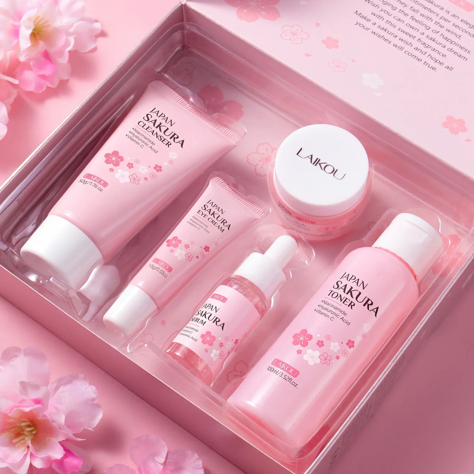 LAIKOU Sakura Skin Care Set Facial Cleanser Toner Face Serum