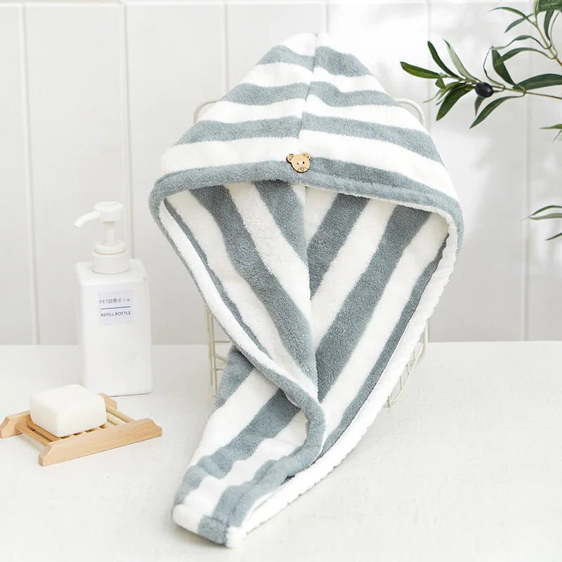Microfiber Coral Fleece Striped Hair Towel Cap for Women Quick-Dry Hair Wrap